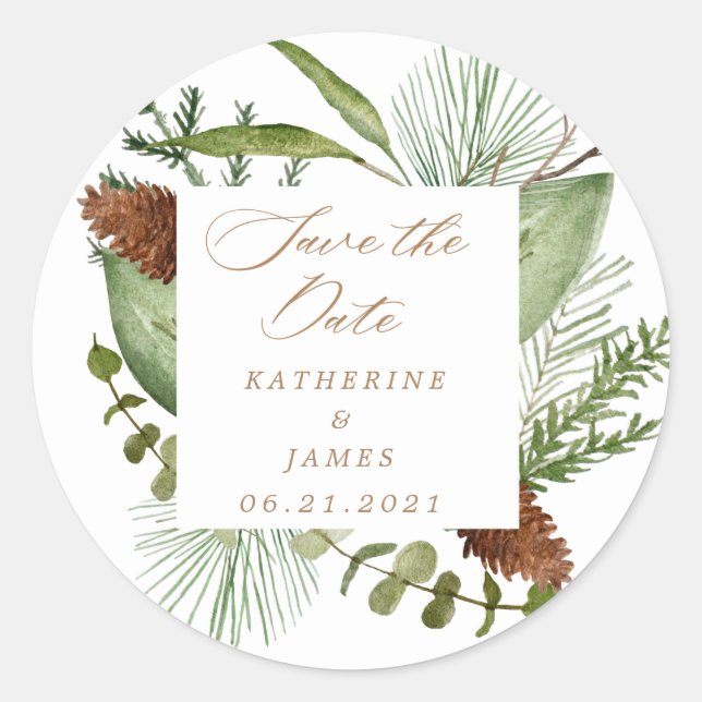 winter greenery elegant save the date classic round sticker (Front)
