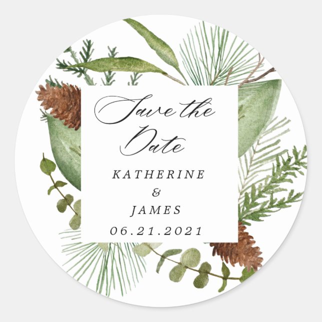 winter greenery elegant save the date classic round sticker (Front)