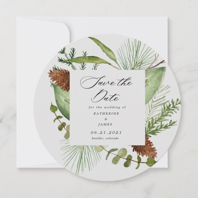 winter greenery elegant save the date photo invitation (Front)