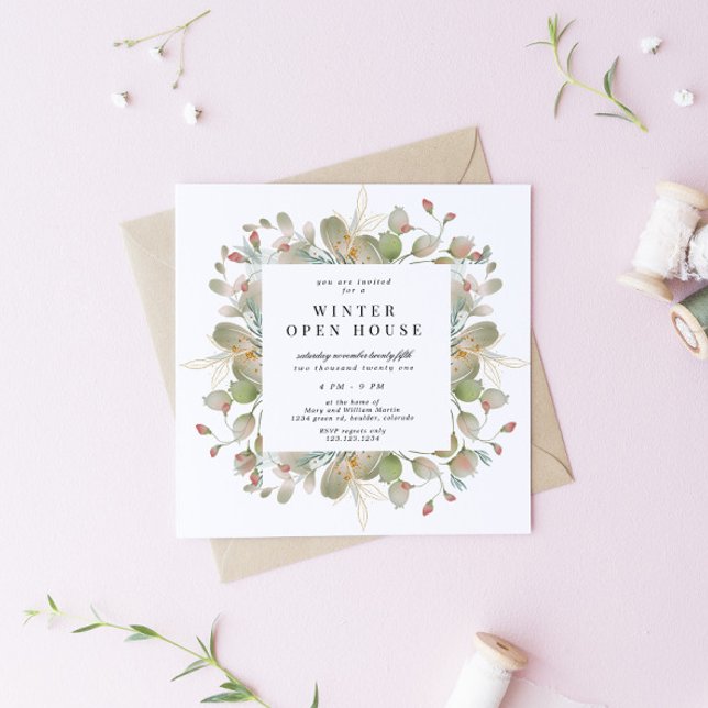 Winter Greenery Elegant Square Open House Invitation (Creator Uploaded)