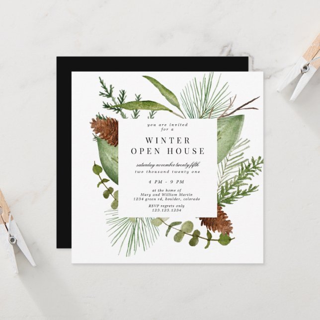 Winter Greenery Elegant Square Open House Invitation (Front/Back In Situ)