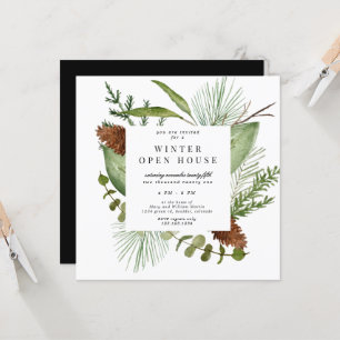 Winter Greenery Elegant Square Open House Invitation