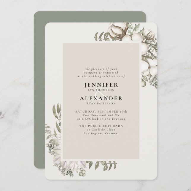 Winter Greenery Floral Green Moss Wedding Invitation (Front/Back)