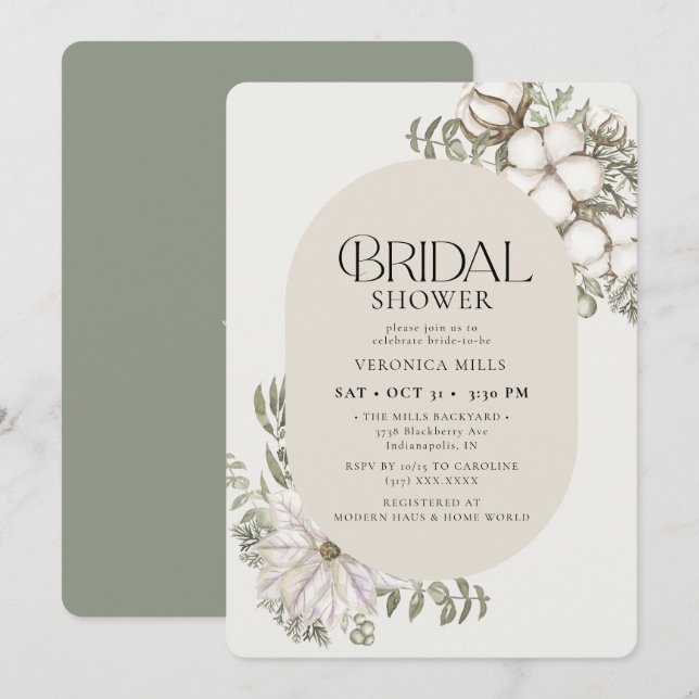 Winter Greenery Floral Oval Bridal Shower Invitation (Front/Back)