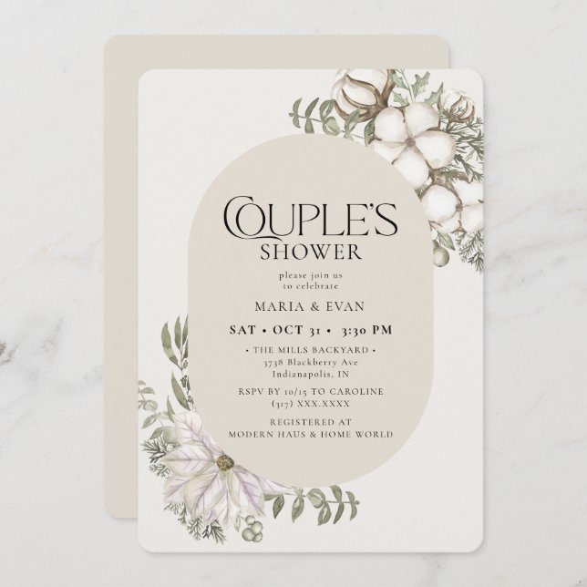 Winter Greenery Floral Oval Couple's Shower Invitation (Front/Back)