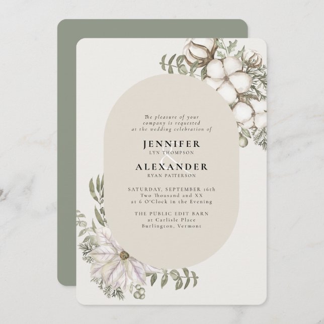 Winter Greenery Floral Oval Wedding Invitation (Front/Back)