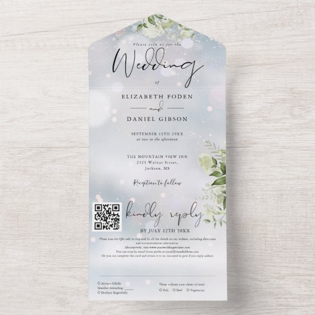 Winter Greenery Floral QR Code Wedding All In One Invitation (Inside)