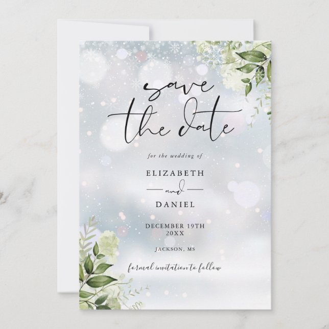 Winter Greenery Floral QR Code Wedding Save The Date (Front)