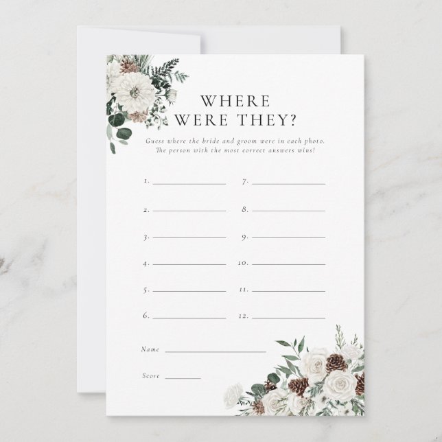 Winter Greenery Floral Where Were They Game Card (Front)