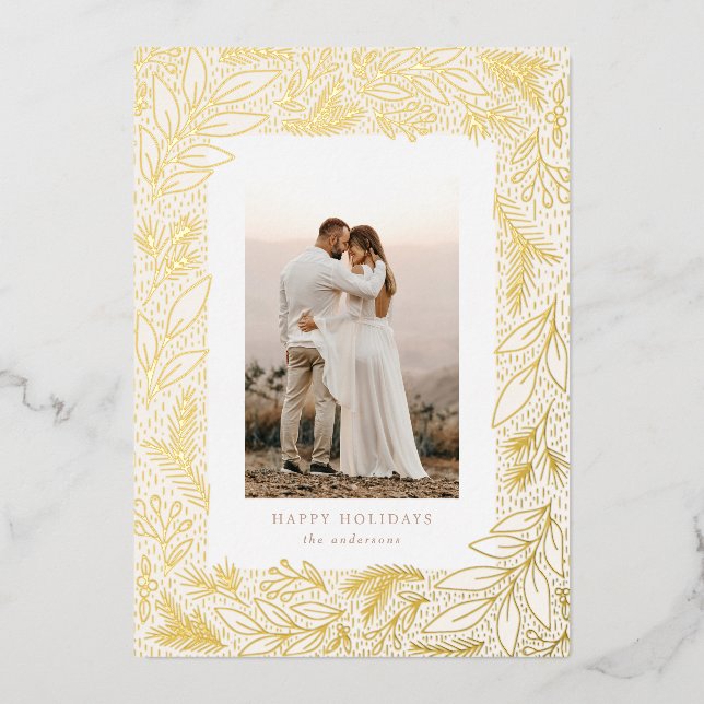 Winter Greenery Frame Botanical Foil Holiday Card (Front)