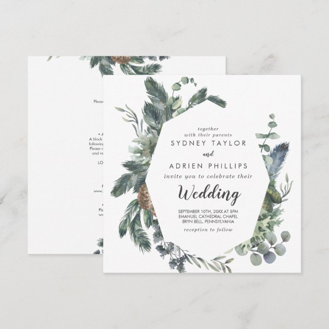 Winter Greenery Front and Back Wedding Invitation (Front/Back)
