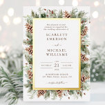 Winter Greenery Gold Foil Wedding Invitations<br><div class="desc">This real gold foil winter holiday wedding invitation features hand-painted watercolor greenery and pinecones arranged as a beautiful frame. The text is brown and the background is white. The back includes a stylish matching bouquet. Find matching items in the Pinecone and Greenery Christmas Holiday collection.</div>