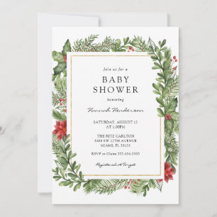 Winter Greenery Gold Frame Baby Shower Invitation