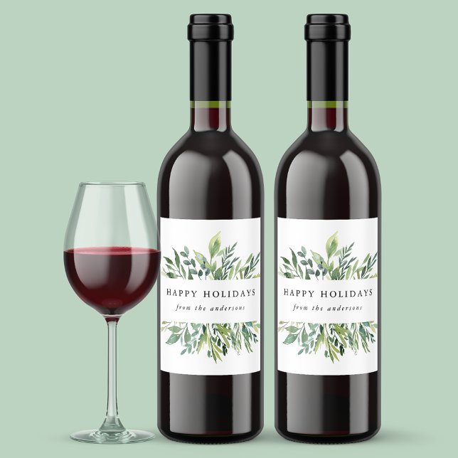 Winter Greenery Happy Holidays Wine Label (Creator Uploaded)