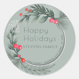 Winter Greenery holy watercolor Happy Holidays Classic Round Sticker