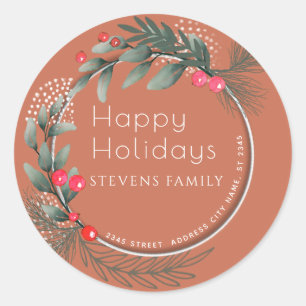 Winter Greenery holy watercolor Happy Holidays Classic Round Sticker