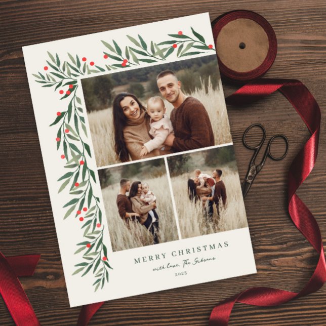 Winter Greenery Ivory 3 Photo Christmas Holiday Card (Creator Uploaded)