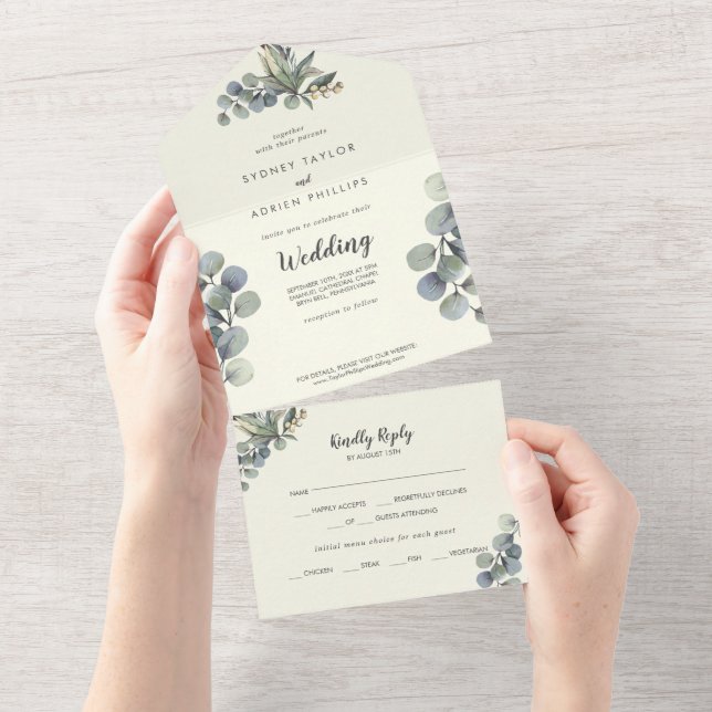 Winter Greenery | Ivory Eucalyptus Wedding All In One Invitation (Tearaway)