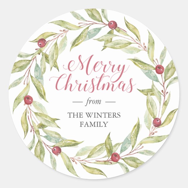 Winter Greenery Leaves Berries Wreath Christmas Classic Round Sticker (Front)