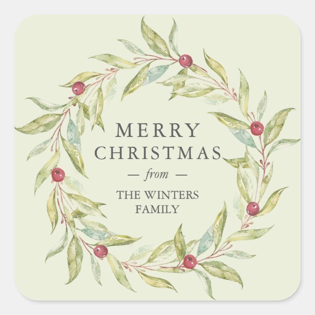 Winter Greenery Leaves Berries Wreath Christmas Square Sticker (Front)