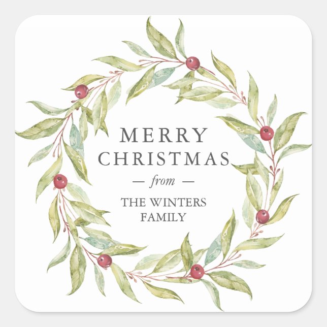 Winter Greenery Leaves Berries Wreath Christmas Square Sticker (Front)