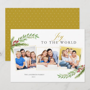 Winter Greenery Minimal 3 Photo Joy To The World Holiday Card
