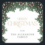Winter Greenery Mistletoe Christmas Square Sticker<br><div class="desc">This delightful Christmas sticker showcases a winter greenery mistletoe border and the message "Merry Christmas". Custom text allows you to personalize with your name.</div>