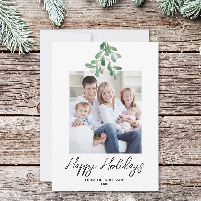 Winter Greenery Mistletoe Happy Holidays Photo Holiday Card (Creator Uploaded)