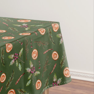 Winter Greenery Orange and Spice Green Holiday Tablecloth