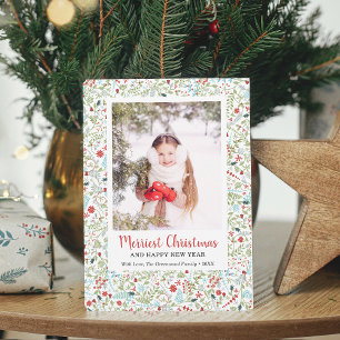 Winter Greenery Pattern Merriest Christmas Photo Holiday Card