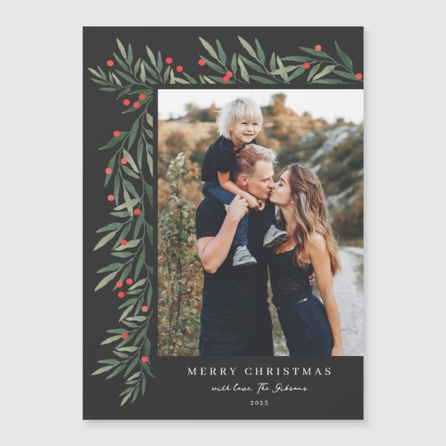 Winter Greenery Photo Christmas Magnetic Card (Front)