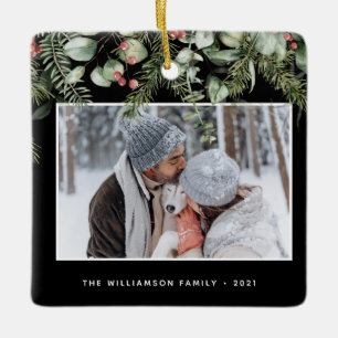 Winter Greenery Pine and Berries 2 Photo Holiday Ceramic Ornament