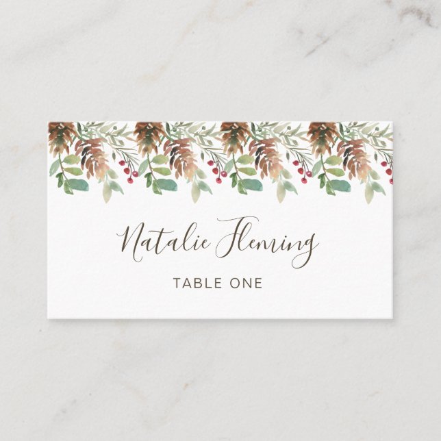 Winter Greenery Pine Red Berry Wedding Place Card (Front)