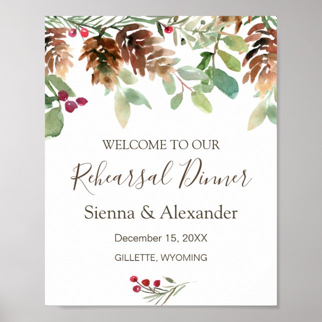 Winter Greenery Pine Rehearsal Dinner Welcome Sign (Front)