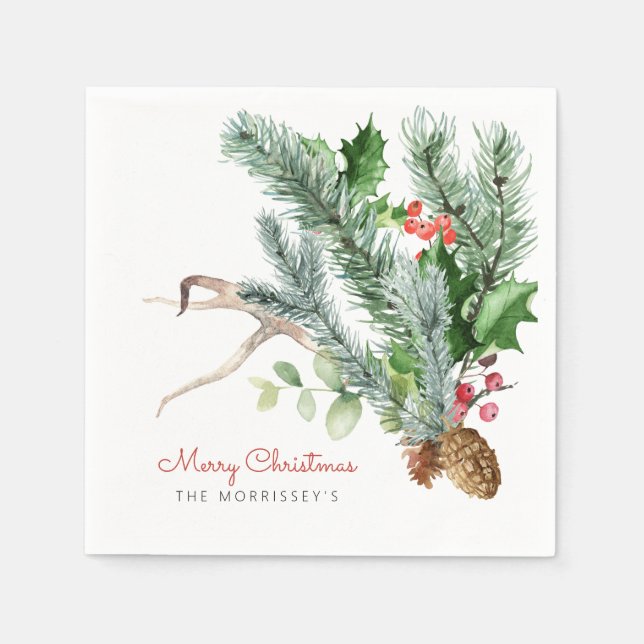 Winter Greenery Pinecone Antler Berries Holiday Napkin (Front)