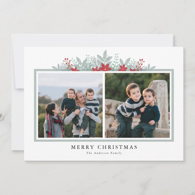 Winter Greenery Poinsettia 2 photo Merry Christmas Holiday Card (Front)