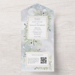 Winter Greenery QR Code Monogram Wedding All In One Invitation