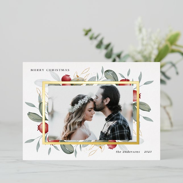 winter greenery red berries holiday foil card (Standing Front)