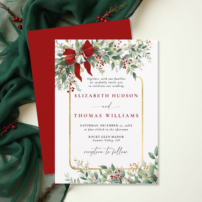 Winter Greenery Red Bow Bells Rustic Frame Wedding Invitation (christmas wedding invitation card template design winter greenery botanical rustic chic frame)