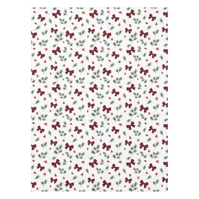 Winter Greenery Red Bow Christmas Tablecloth (Front)