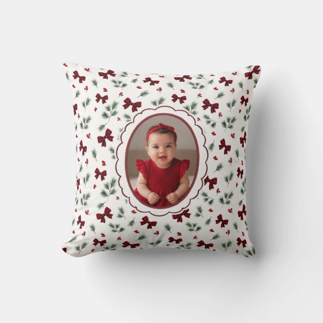 Winter Greenery Red Bow Christmas Throw Pillow (Front)