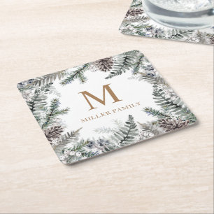Winter Greenery Red Holiday Monogram Square Paper Coaster