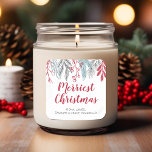 Winter Greenery Red Script Merriest Christmas Square Sticker<br><div class="desc">Christmas sticker features festive greenery and typography in modern and script.</div>