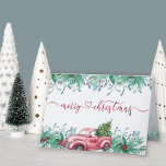 Winter Greenery Red Truck Watercolor Garland Holiday Card<br><div class="desc">Personalized Christmas Cards with elegant calligraphy and pretty winter greenery garland. This watercolor design has a vintage red pickup truck and christmas tree with winter greenery, holly, berries and mistletoe. Merry Christmas is hand lettered and linked with a love heart. Inside, there is a pine tree forest border and the...</div>