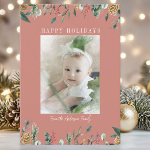 Winter Greenery Snow-Overlay  Photo Holiday Card