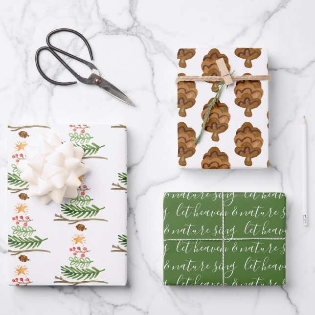 Winter Greenery Watercolor Christmas Tree Wrapping Wrapping Paper Sheet (Front)