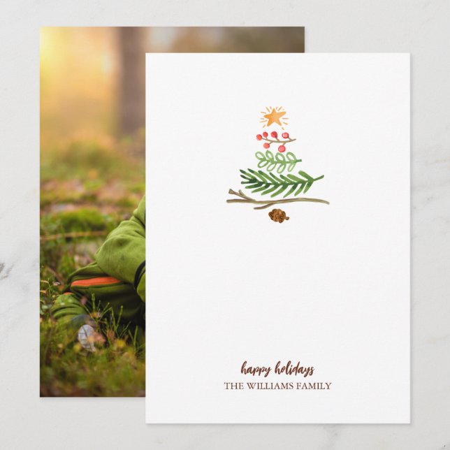 Winter Greenery Watercolor Photo Christmas Tree  Card (Front/Back)