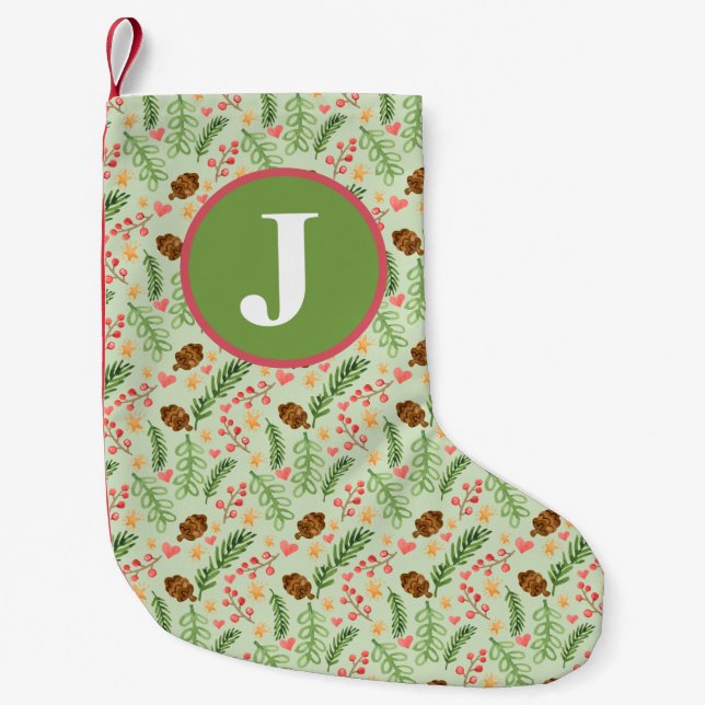 Winter Greenery Watercolor Small Christmas Stocking (Front)
