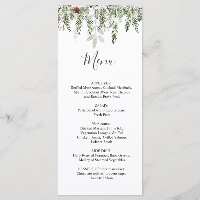 Winter Greenery Wedding Christmas Menu (Front)