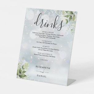 Winter Greenery Wedding Drinks Menu Pedestal Sign